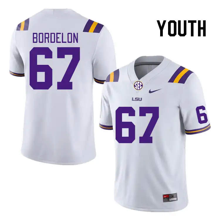 Youth LSU Tigers Bo Bordelon #67 White NCAA Football Jersey